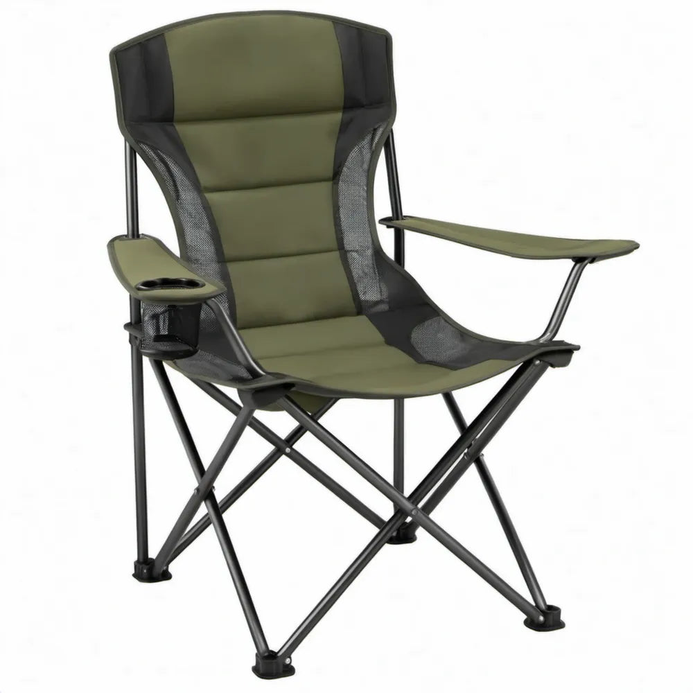 Opvouwbare campingstoel met armleuningen en bekerhouder, 60 x 60 x 100 cm, olijfgroen/zwart