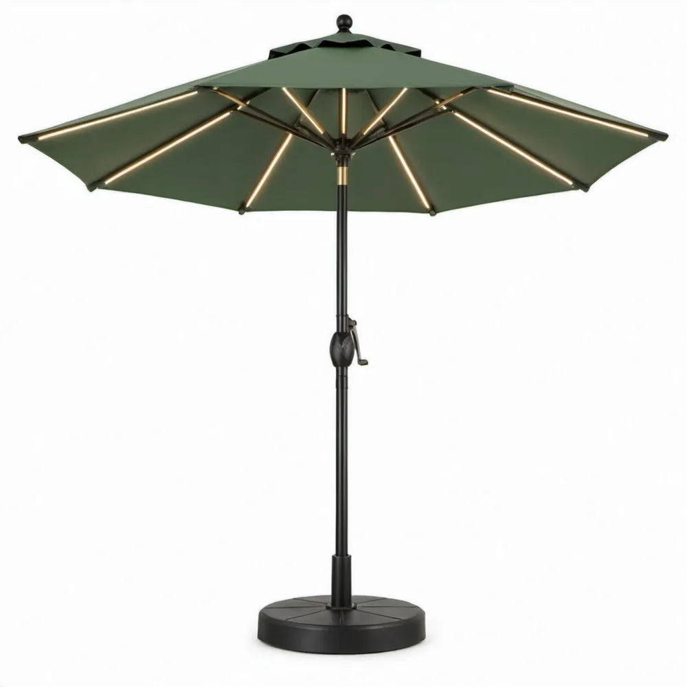 Donkergroene ronde tuinparasol met warmwitte ledverlichting, 300 cm, zwart stalen frame en voet