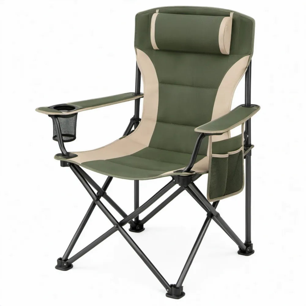 Opvouwbare kampeerstoel met hoofdsteun, bekerhouder en opbergvak, 60 x 60 x 100 cm, groen/beige/zwart