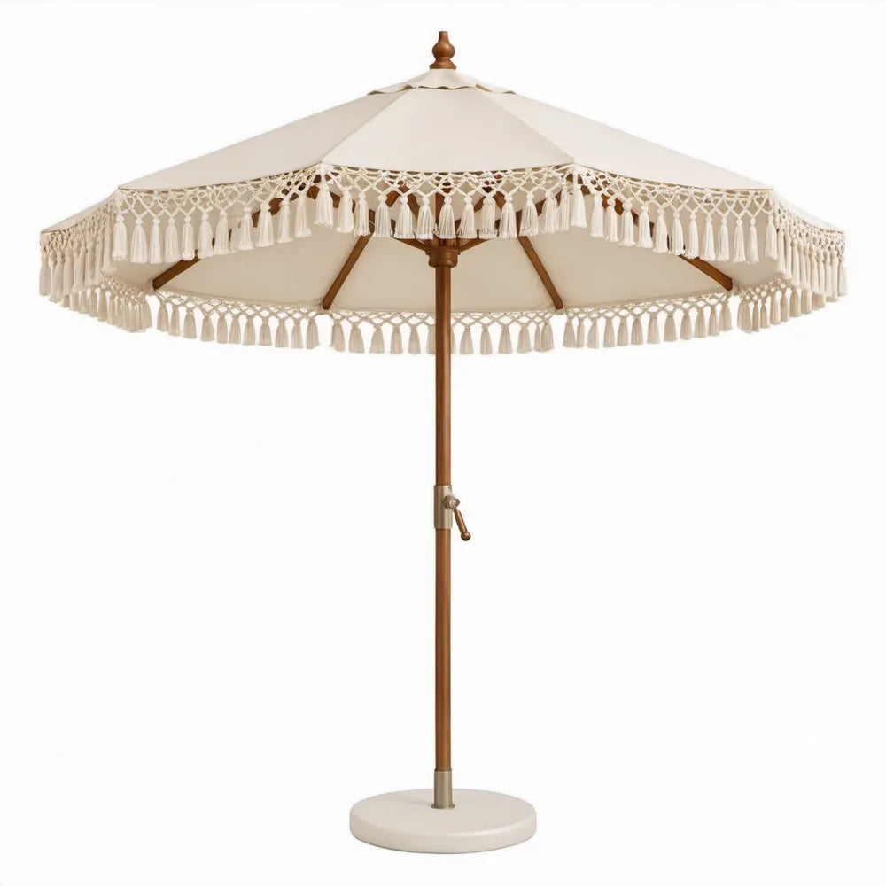 Vrijstaande ronde parasol met franjes Ø270 x H250 cm crème polyester en hardhout