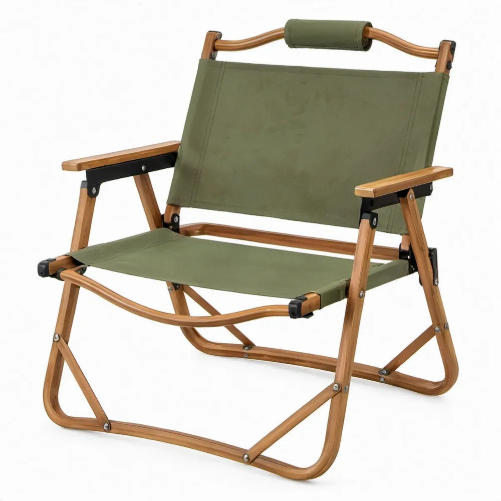 Opvouwbare campingstoel met armleuningen, olijfgroen/houtbruin, 56 x 60 x 83 cm