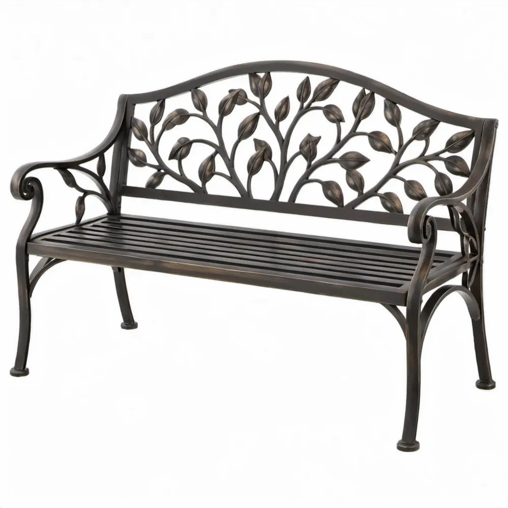 2-zits tuinbank met bladerenpatroon, 122 x 63 x 90 cm, donkerbruin/bronskleurig