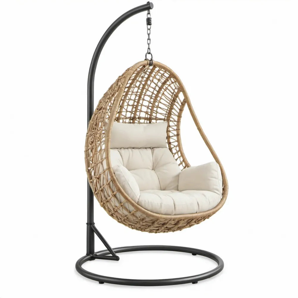 Beige en zwarte hangstoel met standaard, PE-rotan en staal, 105 x 105 x 195 cm