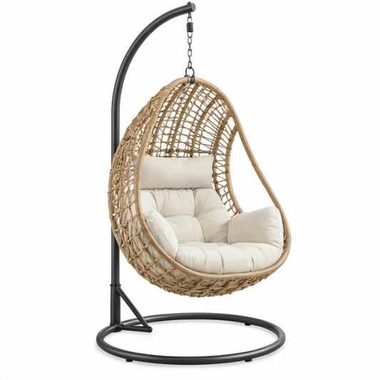 Beige en zwarte hangstoel met standaard, PE-rotan en staal, 105 x 105 x 195 cm