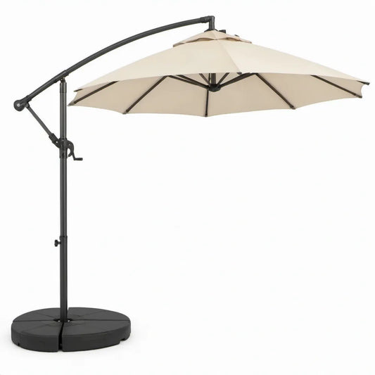 Beige zweefparasol Ø 300 cm, hoogte 245 cm, met zwart stalen frame en voet