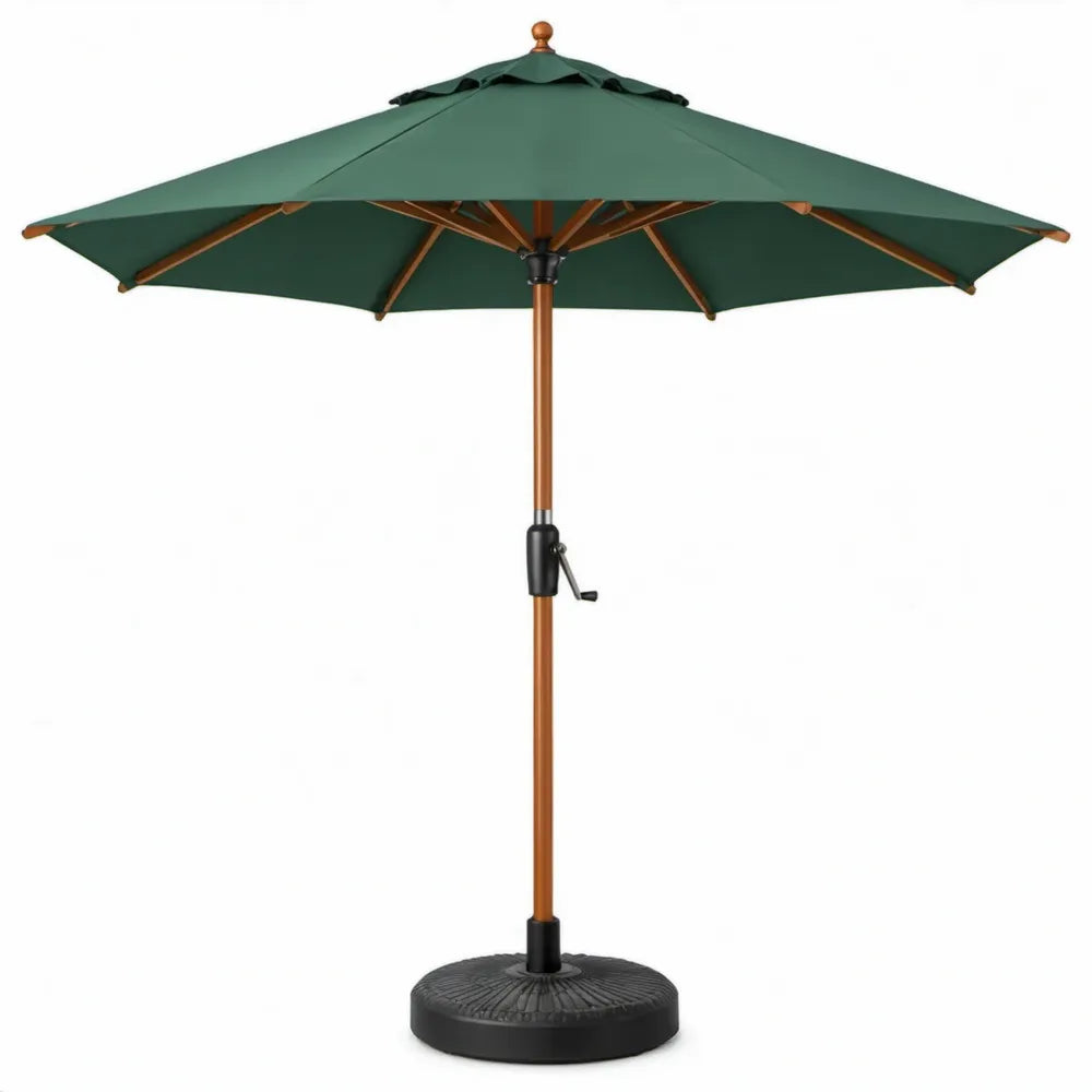 Ronde tuinparasol 270 cm donkergroen met houten mast, zwengel en voet