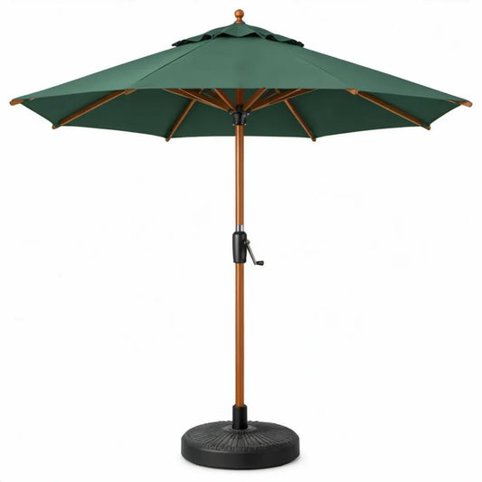Ronde tuinparasol 270 cm donkergroen met houten mast, zwengel en voet