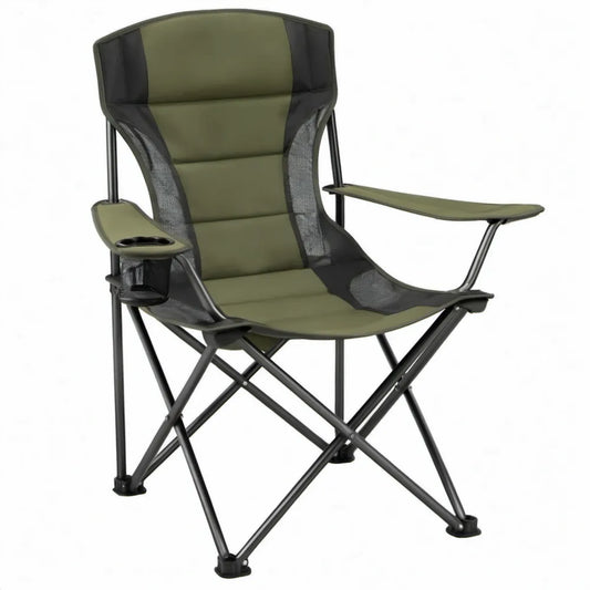 Opvouwbare campingstoel met armleuningen en bekerhouder, 60 x 60 x 100 cm, olijfgroen/zwart