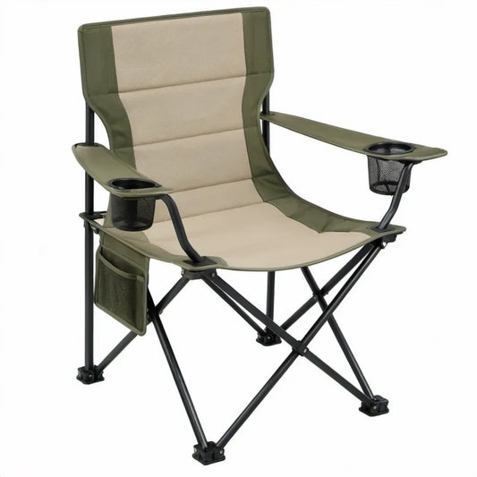 Inklapbare campingstoel met hoge rugleuning, bekerhouders en zijvak, 60 x 90 x 105 cm, groen/beige/zwart