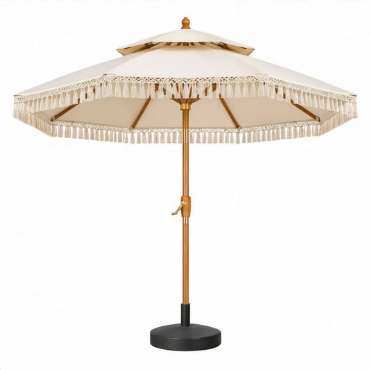 Ronde tuinparasol 270 cm met voet, crème polyester en houten mast