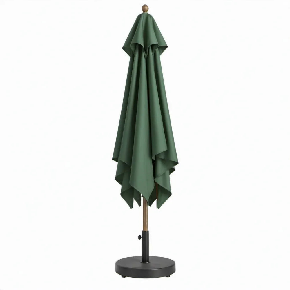Ronde donkergroene parasol met voet Ø200 x H235 cm, polyester en houten mast