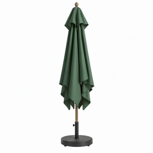 Ronde donkergroene parasol met voet Ø200 x H235 cm, polyester en houten mast