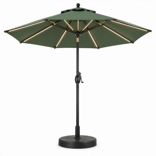 Donkergroene ronde tuinparasol met warmwitte ledverlichting, 300 cm, zwart stalen frame en voet