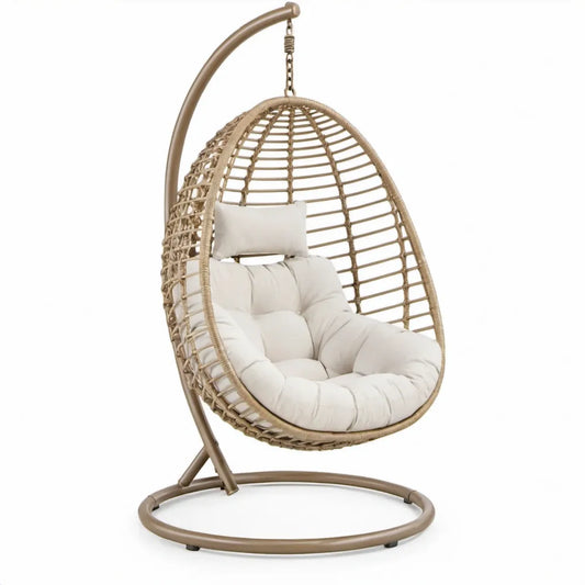 Beige hangstoel met standaard en crèmekleurige kussens, 105 x 75 x 195 cm