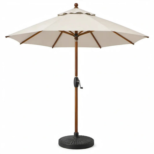 Beige achthoekige tuinparasol met voet, Ø 300 cm, houten mast