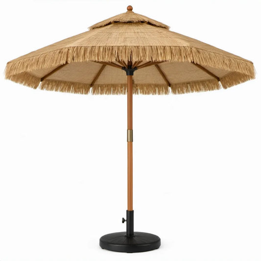 Beige stroparasol met bamboestok en ronde zwarte voet, Ø 200 cm, hoogte 220 cm