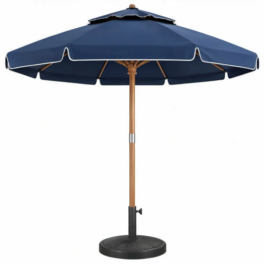 Tuinparasol Ø 270 cm met houten stok 250 cm en voet - Donkerblauw/Wit