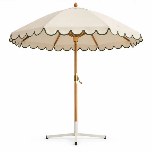 Ronde tuinparasol Ø270 x 250 cm crème met donkergroene bies en houten mast