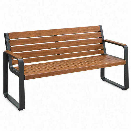 2-zits tuinbank met armleuningen, acaciahout en staal, 120 x 65 x 85 cm, Bruin/Zwart