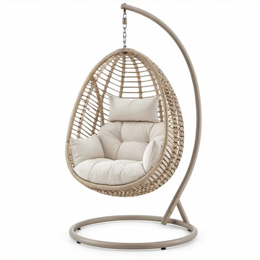 Beige hangstoel met standaard en kussens, 105 x 105 x 195 cm, PE-rattan en staal