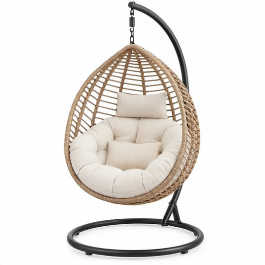 Beige hangstoel met zwart stalen standaard en crèmekleurige kussens, 105 x 105 x 195 cm