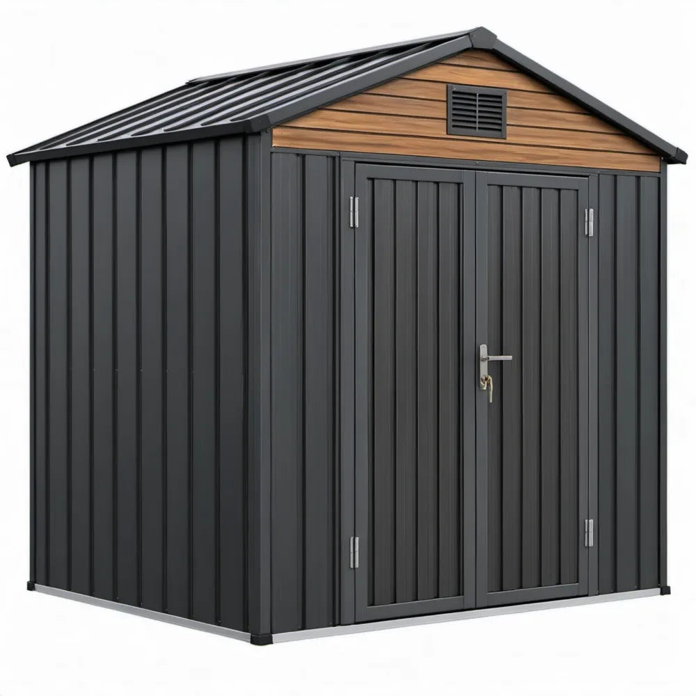 Metalen tuinhuis 213 x 130 x 185 cm – Antraciet met bruin houtlookdetail