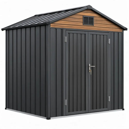 Metalen tuinhuis 213 x 130 x 185 cm – Antraciet met bruin houtlookdetail