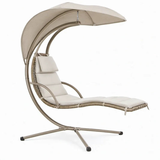 Beige hangligstoel met taupekleurig stalen frame, zonnedak en kussens 190 x 110 x 200 cm