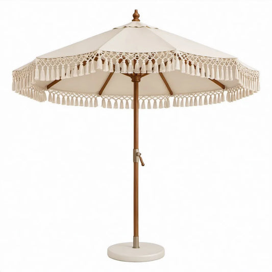 Vrijstaande ronde parasol met franjes Ø270 x H250 cm crème polyester en hardhout