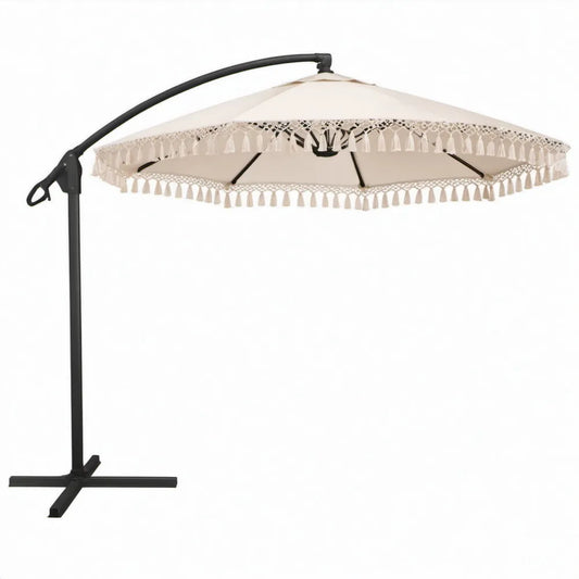 Ronde zweefparasol Ø 300 cm crème met kwastfranje, zwart stalen frame