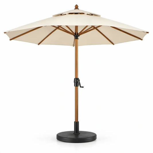 Ronde tuinparasol 300 cm met crèmekleurige polyester kap en houten mast