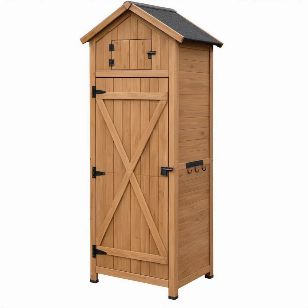 Tuinkast van massief vurenhout met zadeldak, 77 x 54 x 179 cm, naturel bruin/zwart