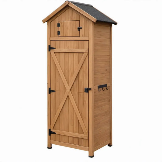 Tuinkast van massief vurenhout met zadeldak, 77 x 54 x 179 cm, naturel bruin/zwart