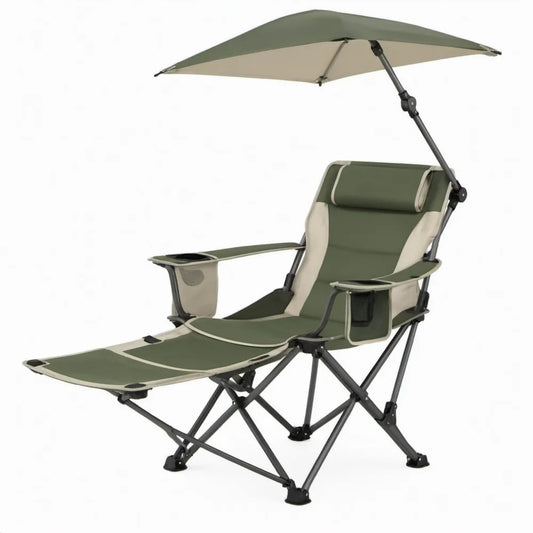 Inklapbare campingstoel met voetensteun en zonnescherm, 165 x 80 x 115 cm, groen/beige/zwart