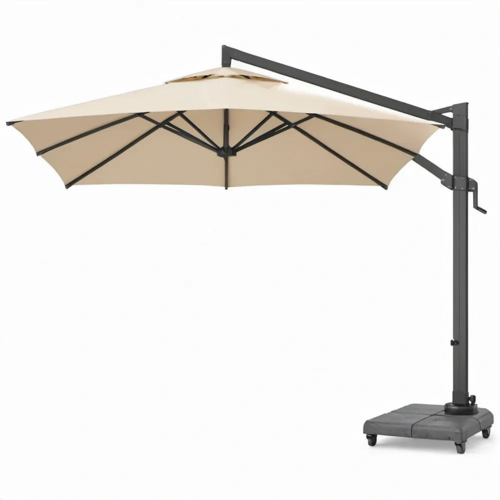Zweefparasol 300 x 300 cm vierkant met draaibare arm, handzwengel en verrijdbare voet - Crème/Zwart