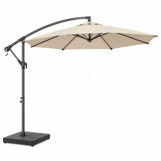 Ronde zweefparasol Ø 300 cm, hoogte 250 cm, beige polyester met zwart stalen frame en voet