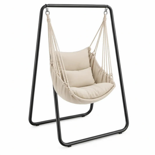 Beige hangstoel met zwart stalen standaard, 104 x 100 x 195 cm