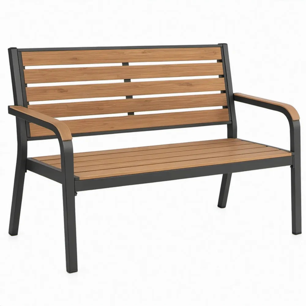 Tweepersoons tuinbank 120 x 60 x 80 cm van WPC en gepoedercoat staal, Bruin/Zwart