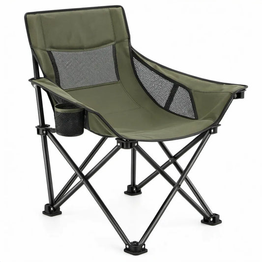 Opvouwbare campingstoel met bekerhouder en zijvak, 80 x 50 x 85 cm, olijfgroen/zwart
