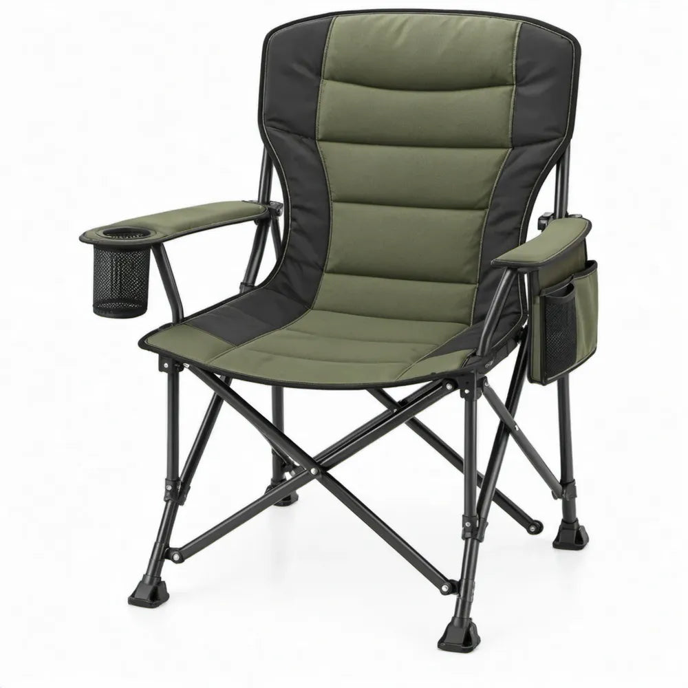 Inklapbare campingstoel groen/zwart met bekerhouder en opbergvakken, 60 x 60 x 105 cm